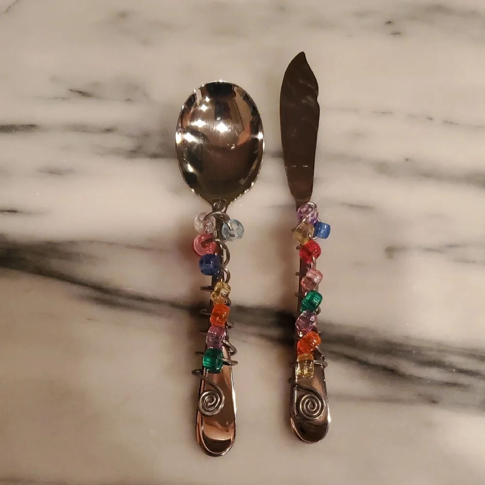 Colorful Beaded Oneida Spoon and Knife Set